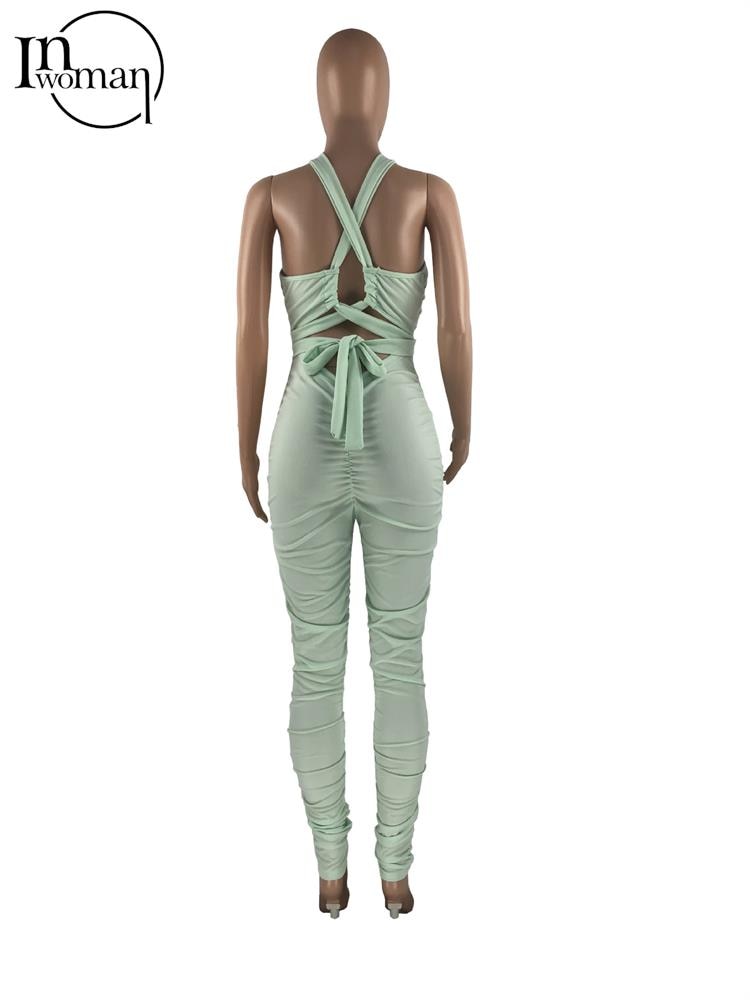 Sexy Solid Hollow Out Pleated Bodycon Jumpsuit