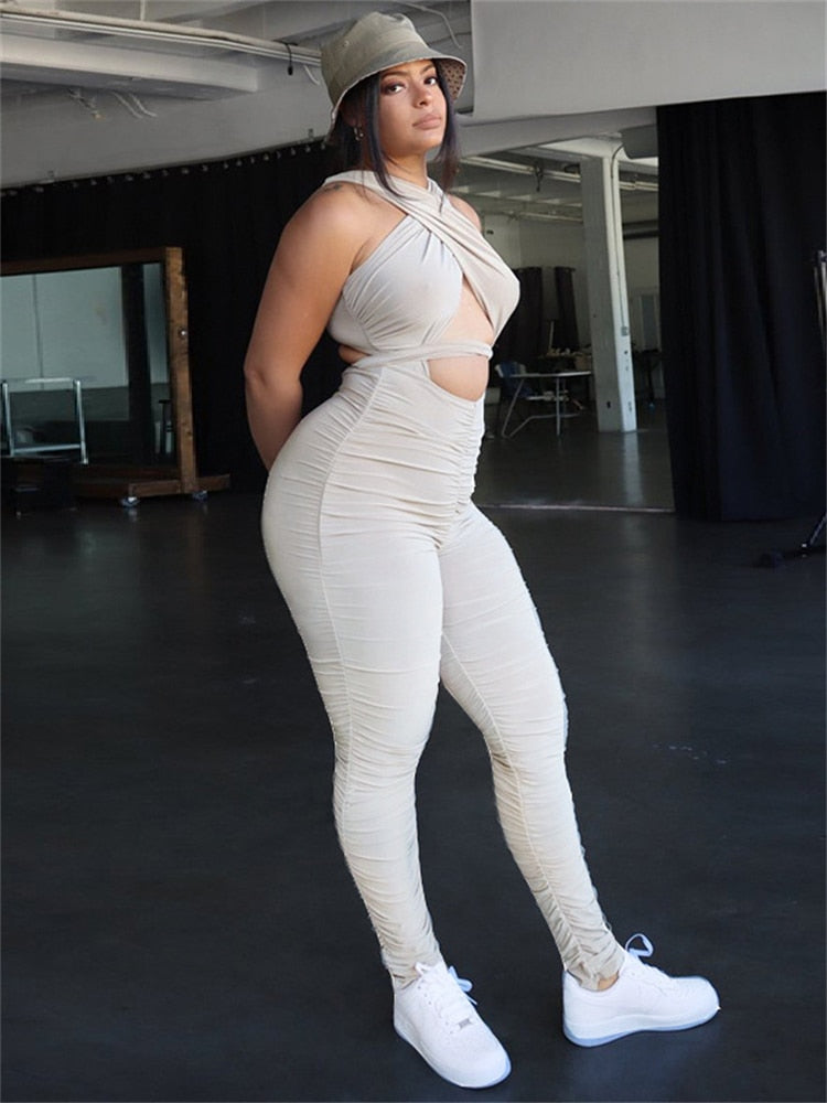 Sexy Solid Hollow Out Pleated Bodycon Jumpsuit