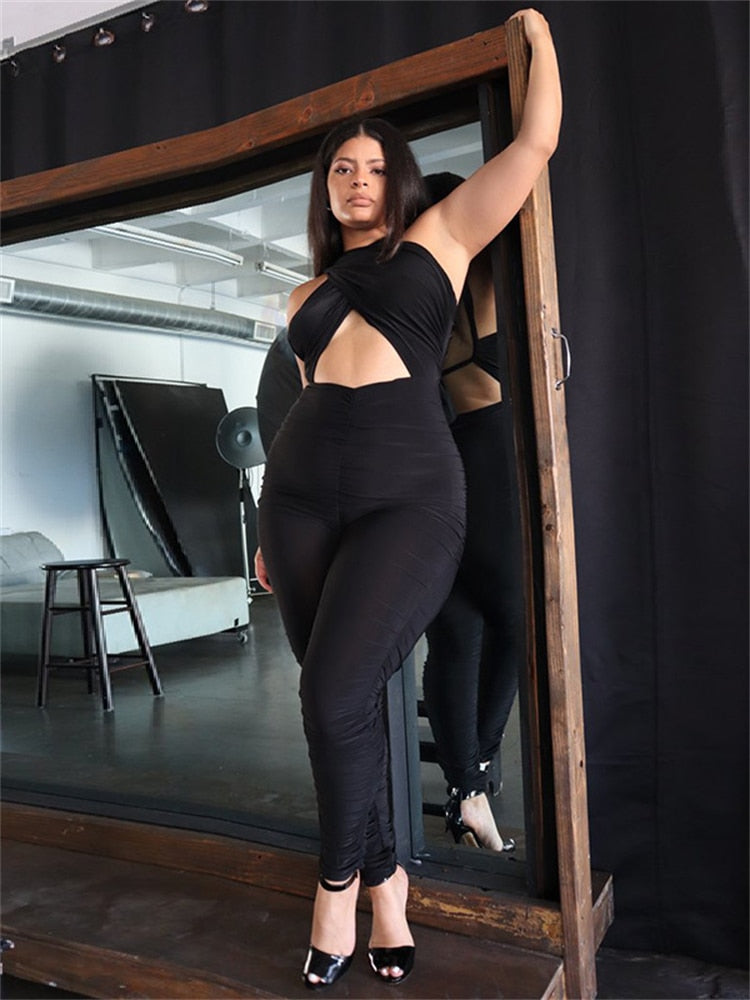Sexy Solid Hollow Out Pleated Bodycon Jumpsuit