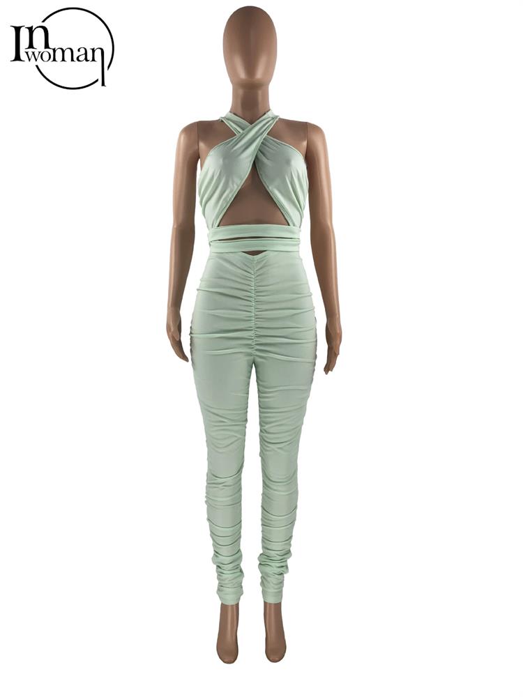 Sexy Solid Hollow Out Pleated Bodycon Jumpsuit