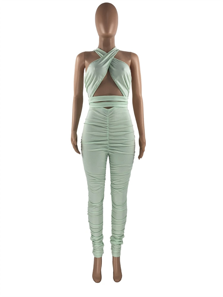 Sexy Solid Hollow Out Pleated Bodycon Jumpsuit