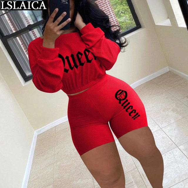 New Two Piece Set Top and Pants Elastic Waist Letter Printing Long Sleeve Conjuntos De Mujer