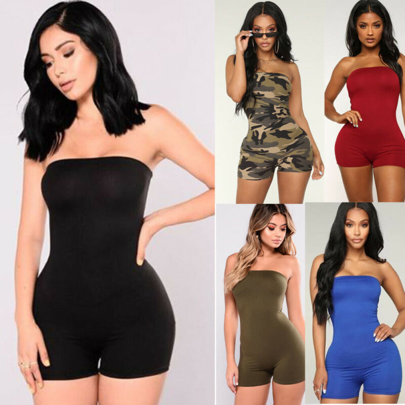 Women Casual Strapless Jumpsuit Playsuit Tube Bodysuit Bodycon Short Romper Catsuit Clubwear Summer Off Shoulder Short Pants