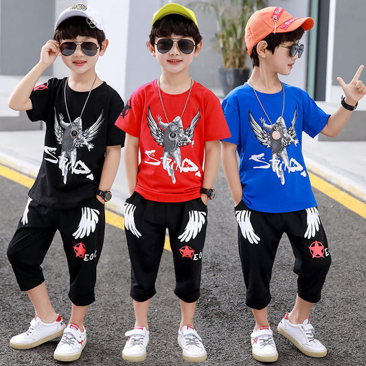 Boys Summer Suit 2022 Wing Man New Children&#39;s Short Sleeve T-shirt + Shorts Clothes Boy Clothing Sets Kids For 4 6 8 10 12 Years