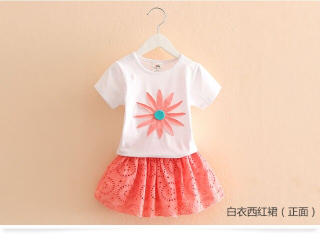 2022 Summer Princess Elegant Lace Embroidery Floral T-Shirt+Hollow Out Skirt 2 Piece Sets
